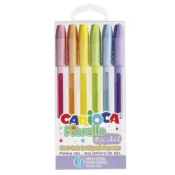 Carioca Fiorella Pack de 6 Boligrafos de Colores Tinta Gel - Punta de Bola 1mm - Cuerpo Transparente Pastel - Colores Pastel Sur