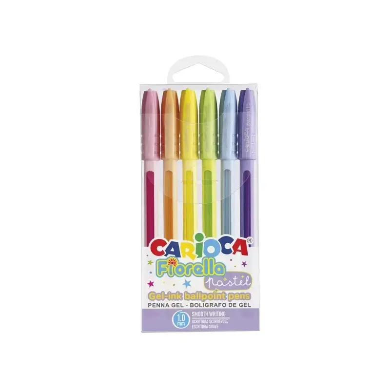 Carioca Fiorella Pack de 6 Boligrafos de Colores Tinta Gel - Punta de Bola 1mm - Cuerpo Transparente Pastel - Colores Pastel Sur