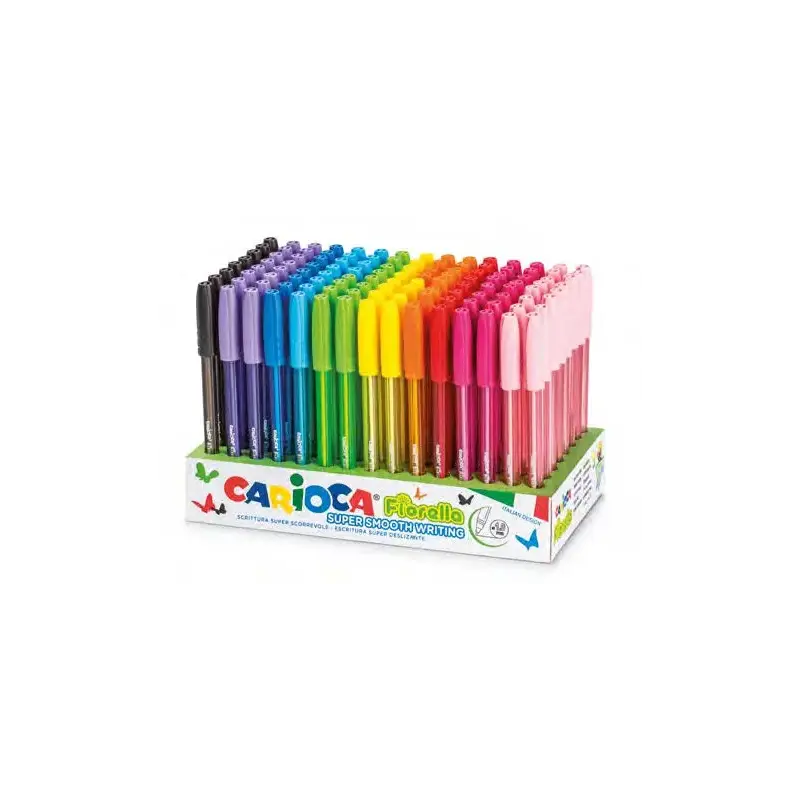 Carioca Fiorella Expositor con 120 Boligrafos de Colores Tinta Gel - Punta de Bola 1mm - Cuerpo Transparente de Colores - Colore