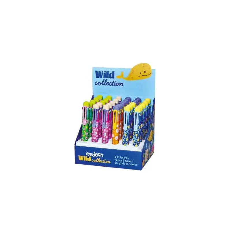 Carioca Wild Collection Expositor con 30 Boligrafos de 8 Colores - Punta 1mm - Divertidos Diseños de Animales - Clip de Sujeccio