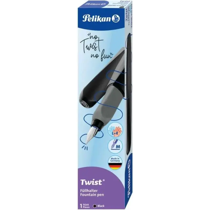 Pelikan Twist Pluma Estilografica Escolar Recargable - Plumilla de Acero Inoxidable Punto M - Cuerpo Color Negro (946806) | Ahor