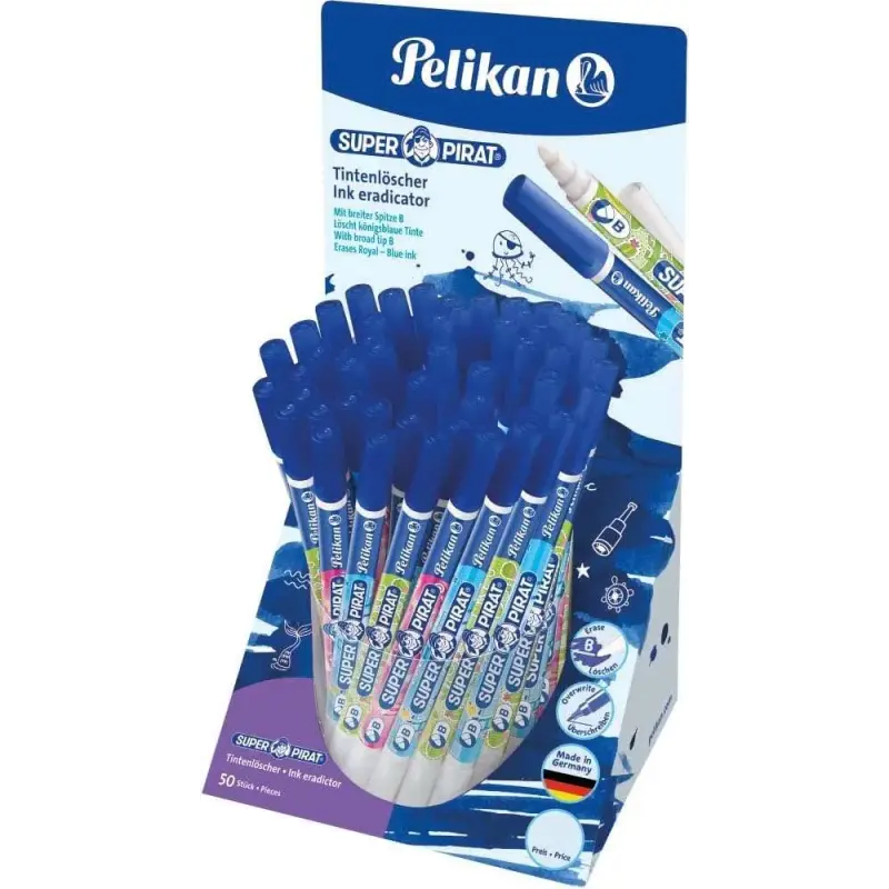 Pelikan Expositor de 50 Boligrafos Super Pirat 850 B - Borratinta de Pluma Estilografica y Roller - Punta Blanca y Reescribe - P