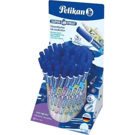 Pelikan Expositor de 50 Boligrafos Super Pirat 850 B - Borratinta de Pluma Estilografica y Roller - Punta Blanca y Reescribe - P