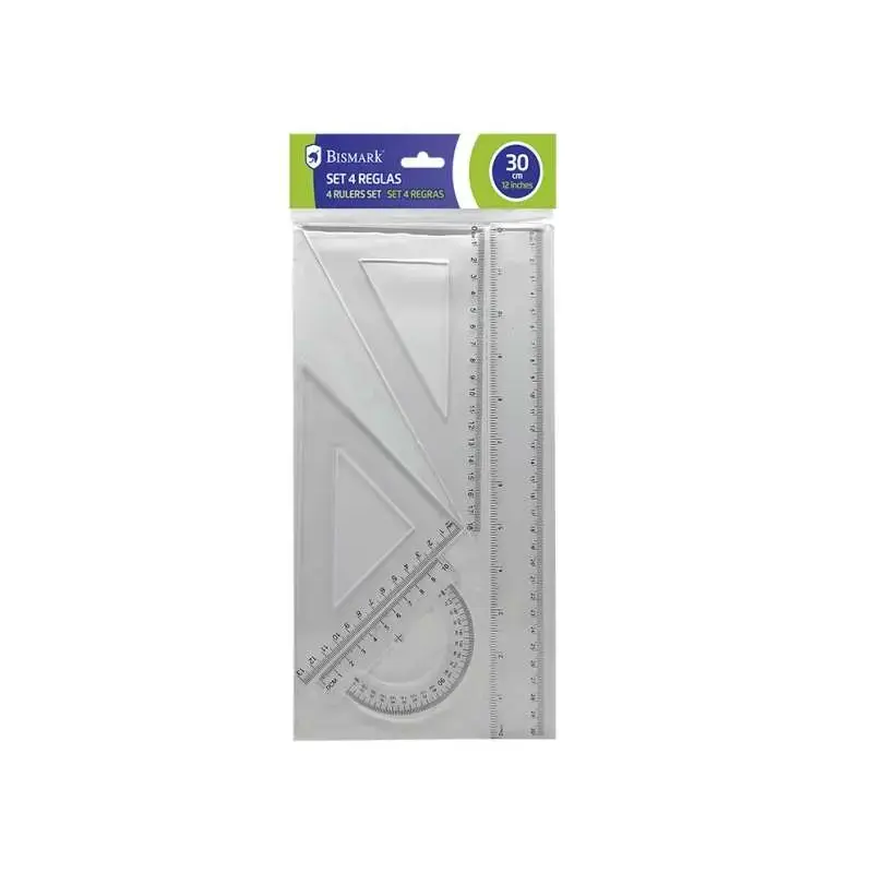 Bismark Quality Pack de 4 Reglas para Dibujo - Incluye Regla 30cm, Escuadra 13cm, Cartabon 18cm y Transportador 10cm - Graduados