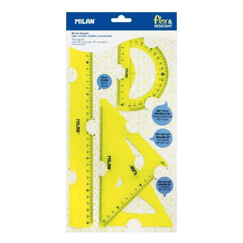Milan Pack de 4 Reglas Flexibles y Resistentes - Regla, Escuadra, Cartabon y Transportador - Color Amarillo | Ahorro Imprimiendo