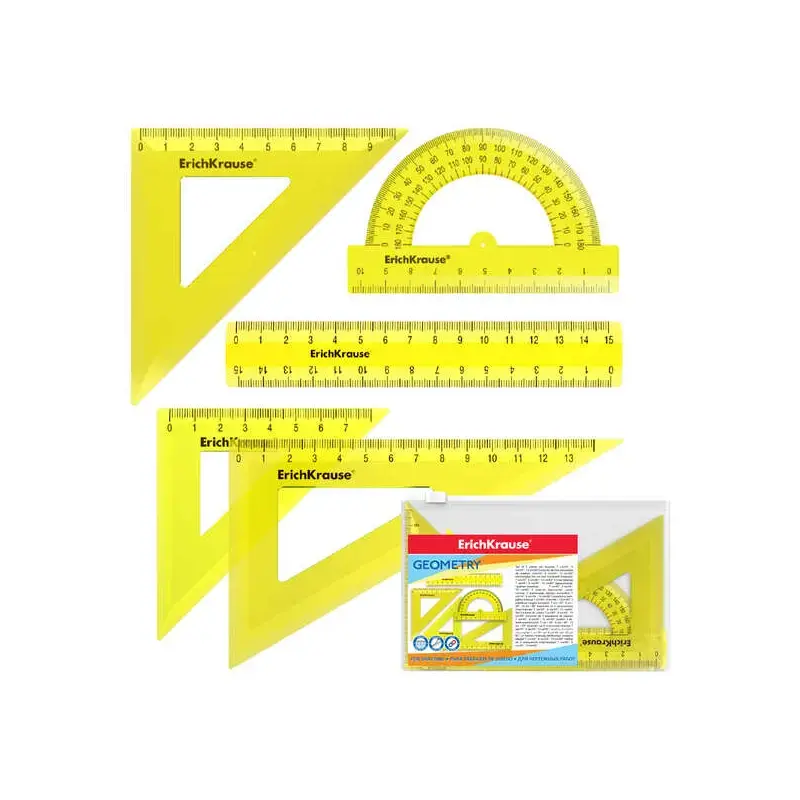 Erichkrause Pack de 5 Reglas de Dibujo - Regla de 15cm - Escuadra de 7cm/45º, 9cm/45º, 13cm/60º - Transportador de 180º/10cm - C