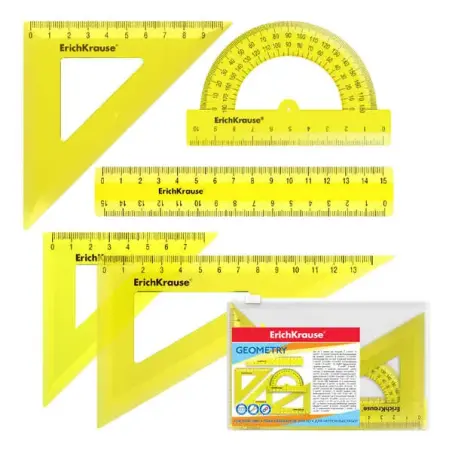 Erichkrause Pack de 5 Reglas de Dibujo - Regla de 15cm - Escuadra de 7cm/45º, 9cm/45º, 13cm/60º - Transportador de 180º/10cm - C
