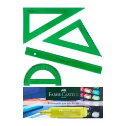 Faber-Castell Pack Escolar de 4 Reglas - Regla Recta - Transportador - Escuadra - Cartabon - Color Verde Tranparente | Ahorro Im