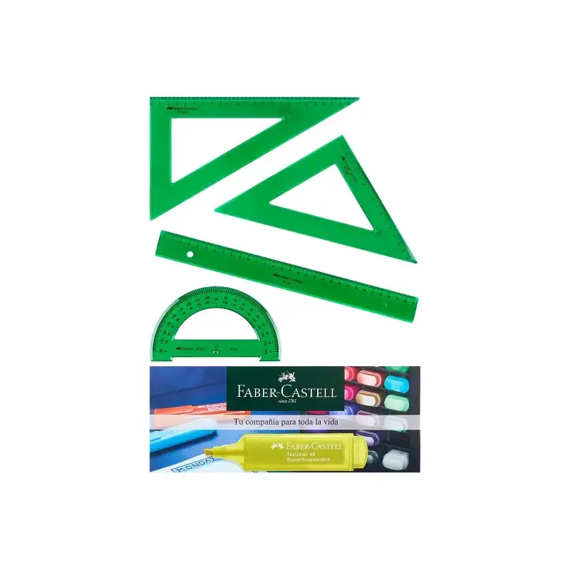 Faber-Castell Pack Escolar de 4 Reglas - Regla Recta - Transportador - Escuadra - Cartabon - Color Verde Tranparente | Ahorro Im