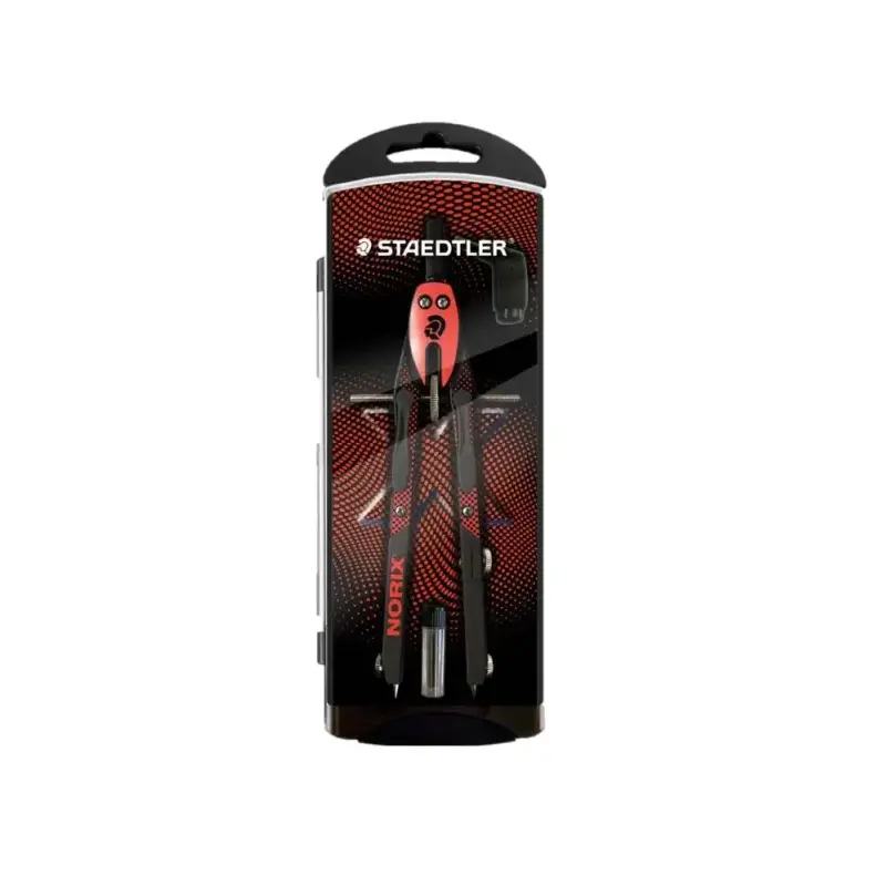 Staedtler Norix 555 Compas Metalico Escolar de Precision - Mecanismo Pulsador y Ajuste por Rueda Central - Color Rojo/Negro | Ah