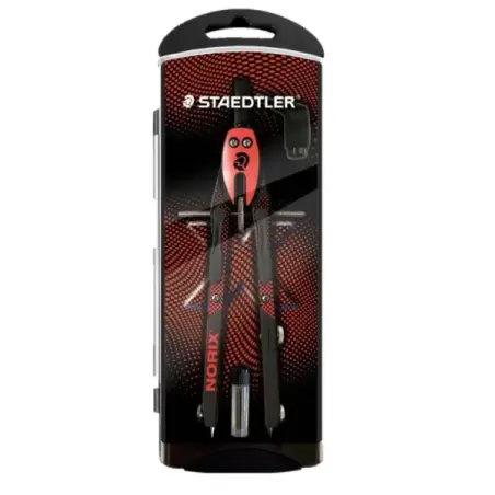 Staedtler Norix 555 Compas Metalico Escolar de Precision - Mecanismo Pulsador y Ajuste por Rueda Central - Color Rojo/Negro | Ah
