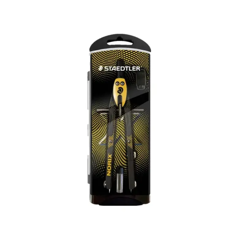 Staedtler Norix 555 Compas Metalico Escolar de Precision - Mecanismo Pulsador y Ajuste por Rueda Central - Color Amarillo/Negro