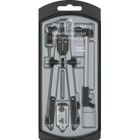 Faber-Castell Compas de Ajuste Rapido con Alargadera - Articulaciones en ambos Brazos - Accesorios de Recambio - Adaptador Unive