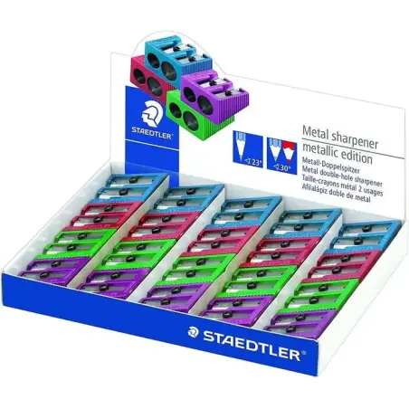 Staedtler Expositor de 20 Sacapuntas Metalicos con Cuchilla de Metal y 2 Orificios - Angulo de Afilado de 23° y 30º - Colores Su
