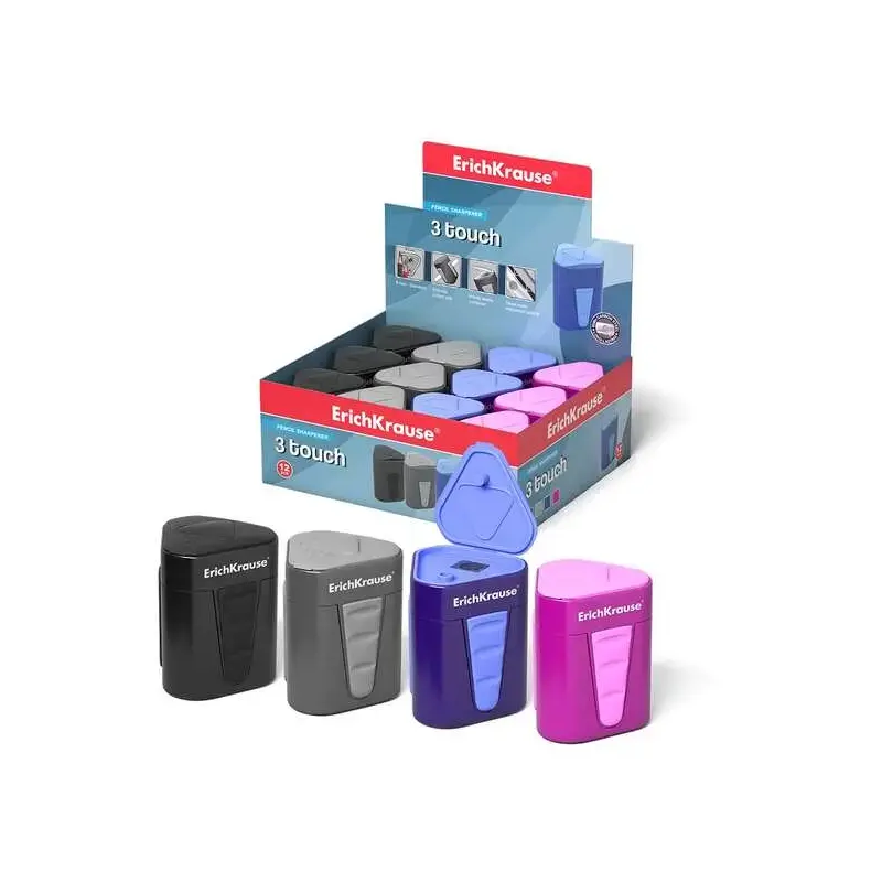 Erichkrause Sacapuntas de Plastico 3-Touch con Deposito y Tapa - Contenedor Grande para Virutas - Bordes de Goma Antideslizantes