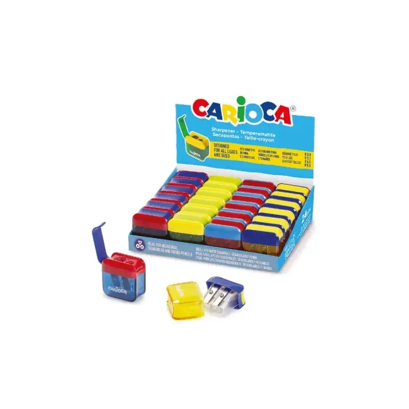 Carioca Expositor con 24 Minisacapuntas de 2 Orificios con Deposito - Tapon de Seguridad en la Cuchilla - Colores Aleatorios Sur