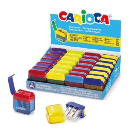 Carioca Expositor con 24 Minisacapuntas de 2 Orificios con Deposito - Tapon de Seguridad en la Cuchilla - Colores Aleatorios Sur