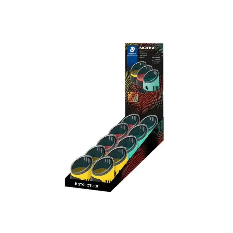 Staedtler Norix Expositor de 10 Sacapuntas con Deposito - 1 Agujero para Lapices de hasta Ø 8,2mm - Colores Surtidos | Ahorro Im