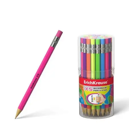 Erichkrause Portaminas Xs 05 mm - Mini-Lapiz Mecanico Hexagonal - Carcasa y Borrador en Colores Neon Brillantes - Dureza HB - Mi