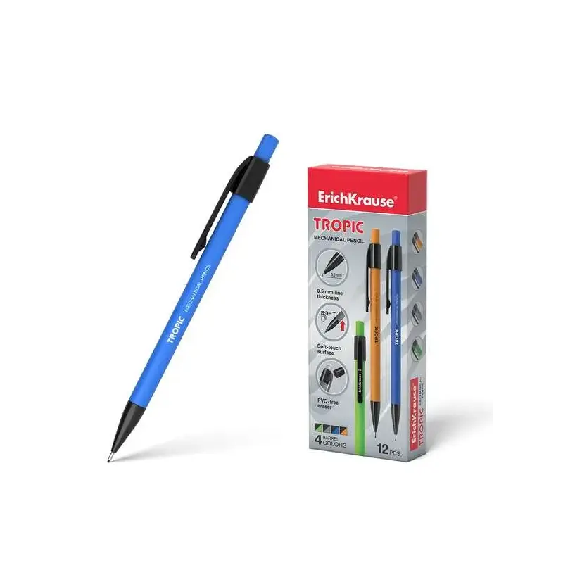 ErichKrause Tropic Portaminas - Boquilla Retractil y Revestimiento Soft Touch - Colores Mate Brillantes - con Borrador y Capucho