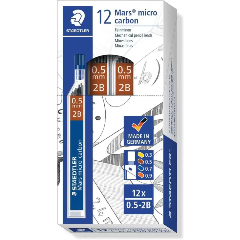Staedtler Mars Micro Carbon 250 Tubo de 12 Minas de Grafito - Dureza 2B - Trazo 0.5mm - Alta Resistencia | Ahorro Imprimiendo