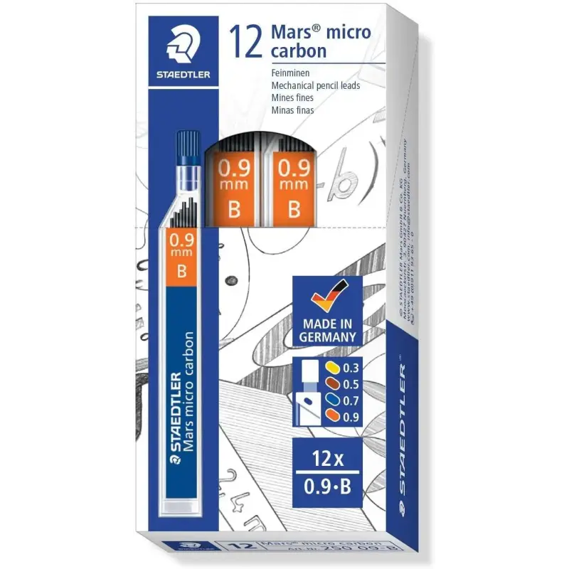 Staedtler Mars Micro Carbon 250 Tubo de 12 Minas de Grafito - Dureza B - Trazo 0.9mm - Alta Resistencia | Ahorro Imprimiendo