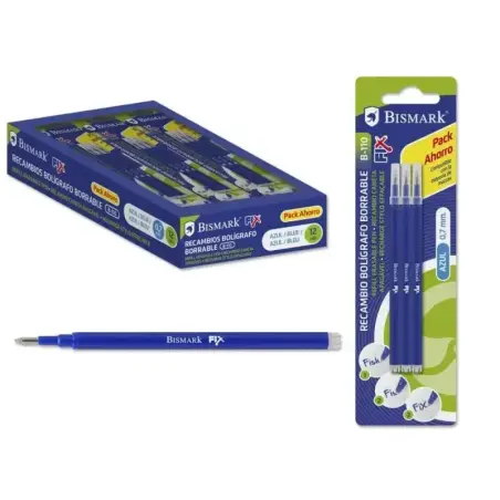 Bismark Fix Pack de 3 Recambios para Boligrafo Borrable - Punta Fina 0.7mm - Color Azul | Ahorro Imprimiendo
