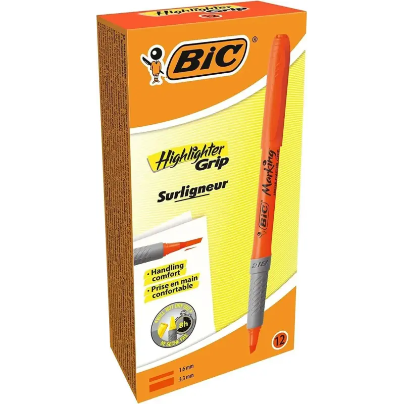 Bic Highlighter Grip Marcador Fluorescente - Punta Biselada - Trazo entre 1.60 y 3.30 mm - Grip Texturizado - Color Naranja | Ah