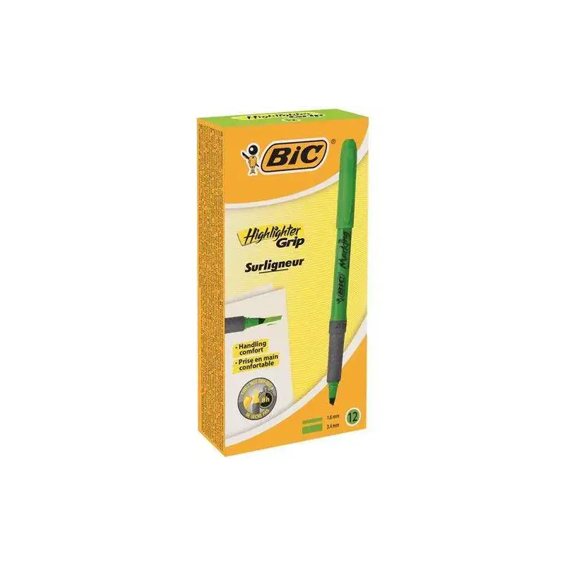 Bic Highlighter Grip Marcador Fluorescente - Tinta con Base de Agua - Punta Biselada - Trazo entre 1.60 y 3.30 mm - Color Verde