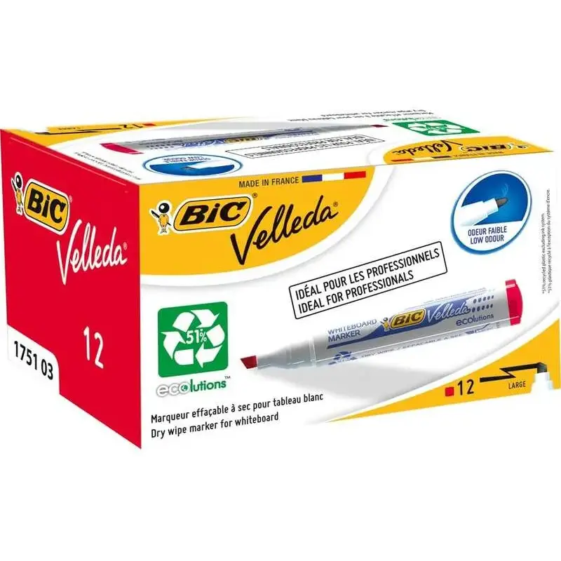 Bic Velleda 1751 ECOlutions Marcadores para Pizarra - Punta Biselada - Trazo entre 3mm y 5.5mm - Tinta con Base de Alcohol - Eco
