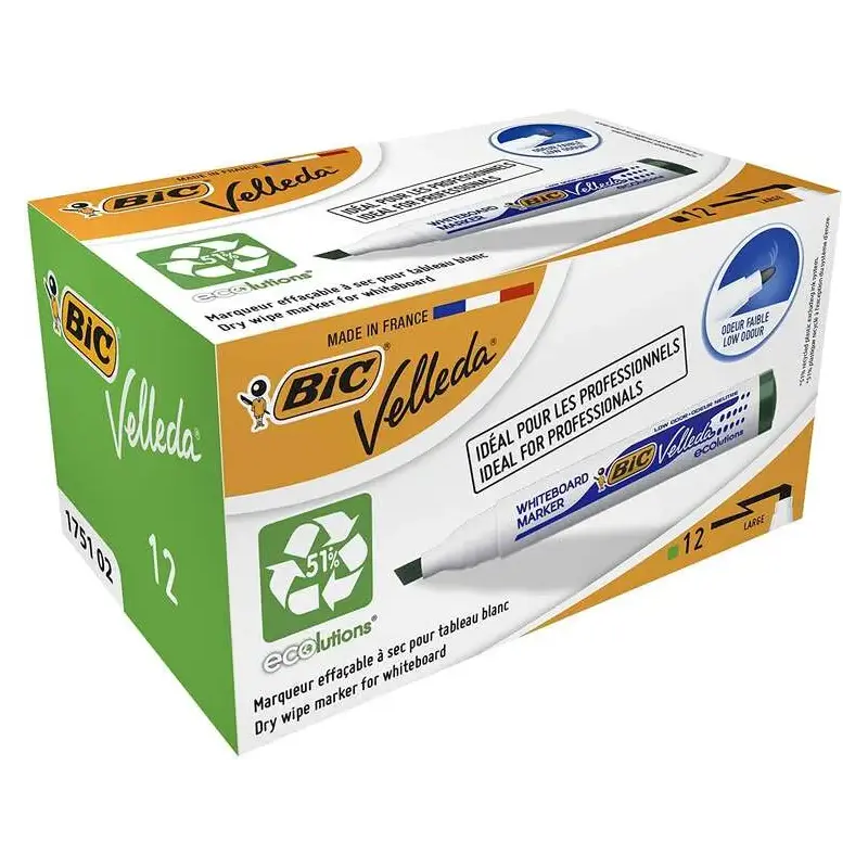 Bic Velleda 1751 ECOlutions Marcadores para Pizarra - Punta Biselada - Trazo entre 3mm y 5.5mm - Tinta con Base de Alcohol - Eco