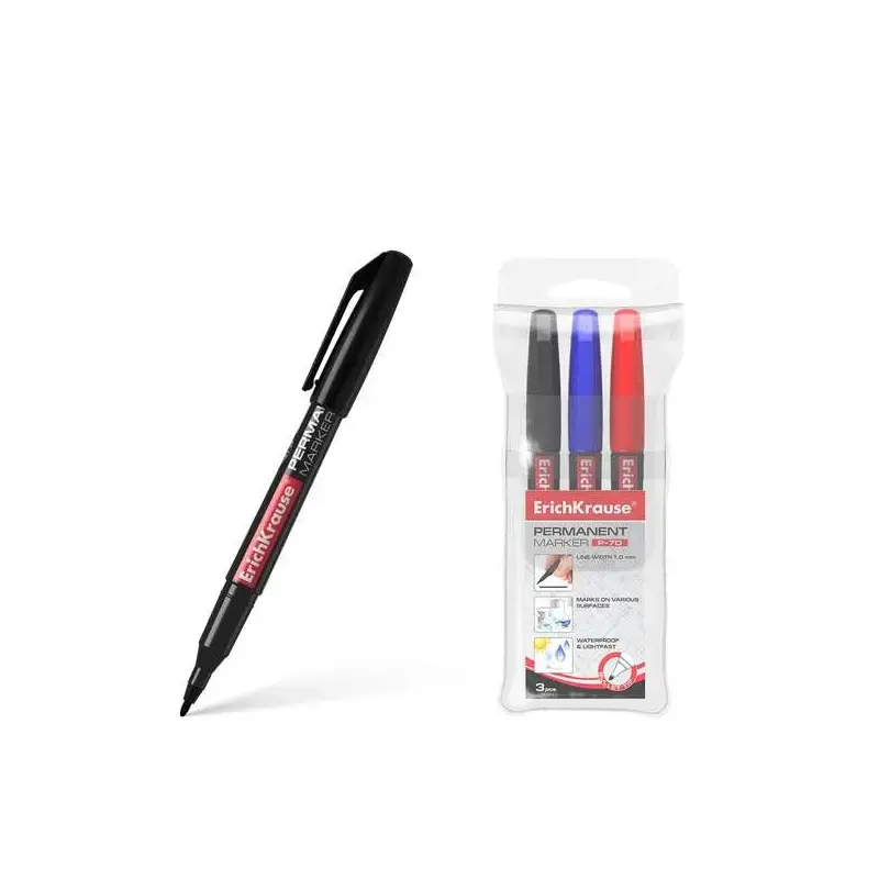Erichkrause Pack de 3 Marcadores Permanente P-70 - Punta de Bala de 1.0mm - Resistente al Agua y a La Luz - Negro, Azul, Rojo (P