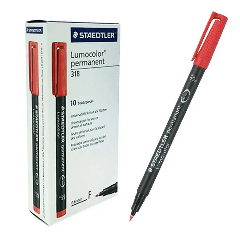 Staedtler Lumocolor 318 Rotulador Permanente - Punta Fina Redonda - Trazo 0.6mm - Capuchon con Clip - Secado Rapido - Color Rojo