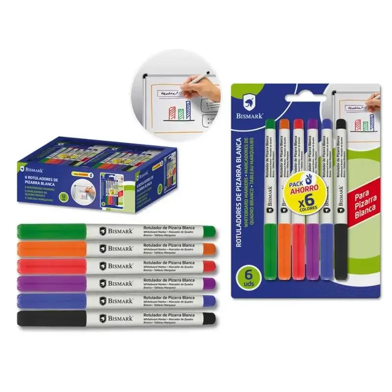 Bismark Pack de 6 Rotuladores para Pizarra Blanca - Punta Fina - Tinta de Secado Rapido - Borrado Facil - Colores Surtidos | Aho
