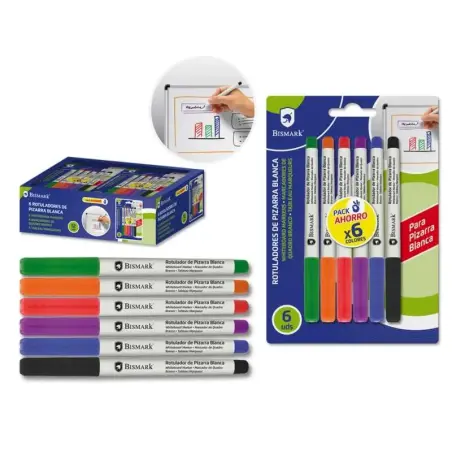 Bismark Pack de 6 Rotuladores para Pizarra Blanca - Punta Fina - Tinta de Secado Rapido - Borrado Facil - Colores Surtidos | Aho