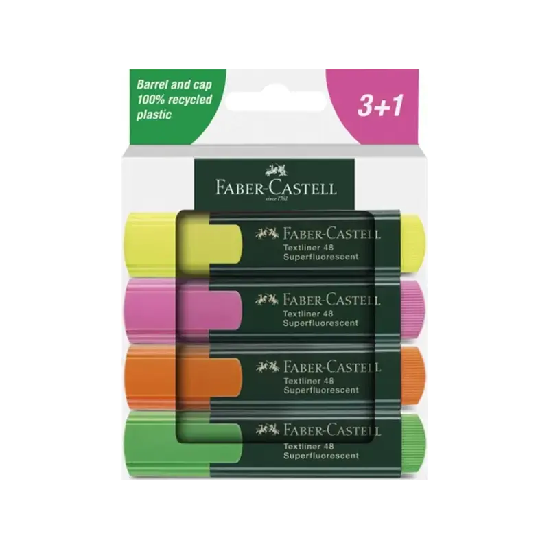 Faber-Castell Textliner 48 Pack de 4 Marcadores Fluorescentes - Punta Biselada - Trazo entre 1.2mm y 5mm - Tinta con Base de Agu