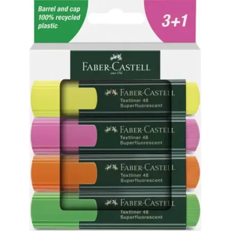 Faber-Castell Textliner 48 Pack de 4 Marcadores Fluorescentes - Punta Biselada - Trazo entre 1.2mm y 5mm - Tinta con Base de Agu