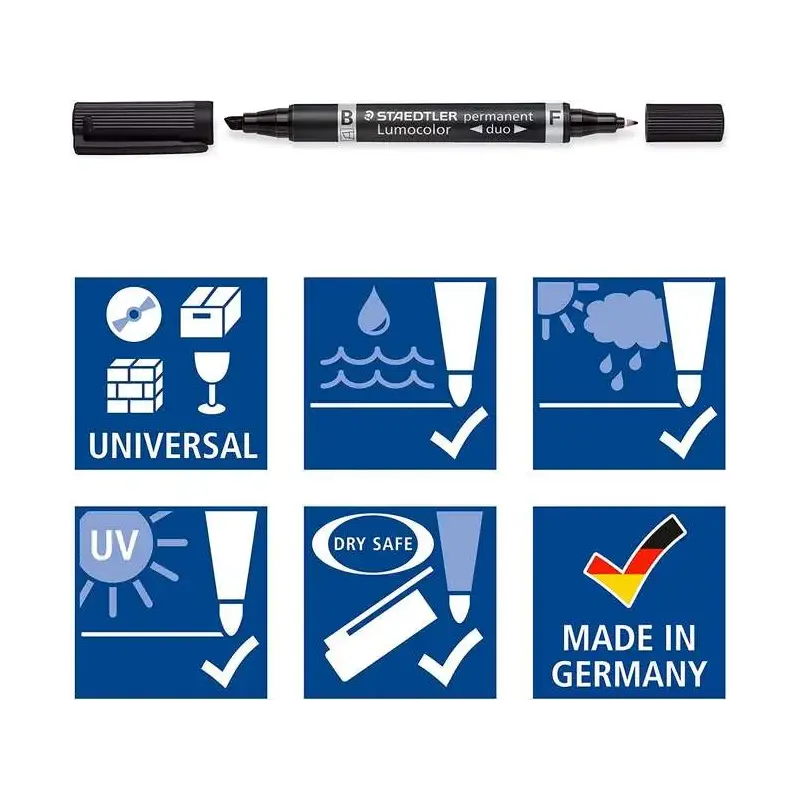 Staedtler Lumocolor 348 Rotulador Permanente de Doble Punta F de 0,6mm y M Biselada de 1,5-4mm - Secado Rapido - Color Negro | A