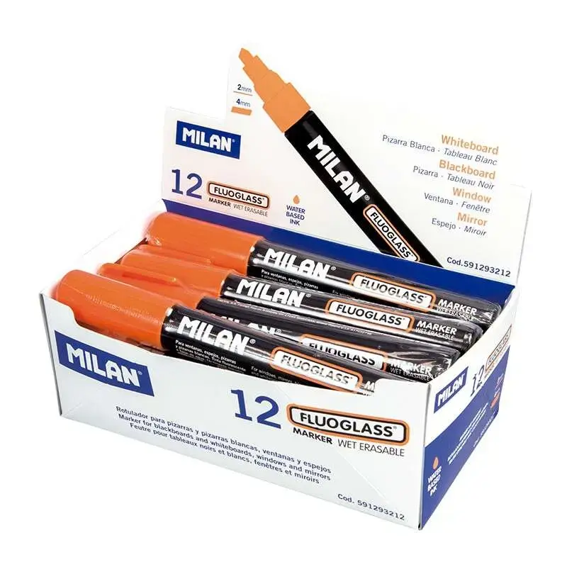 Milan Fluoglass Rotulador Superficies Lisas - Punta Biselada - Trazo de 2 - 4mm - Tinta al Agua - Borrado Facil - Color Naranja