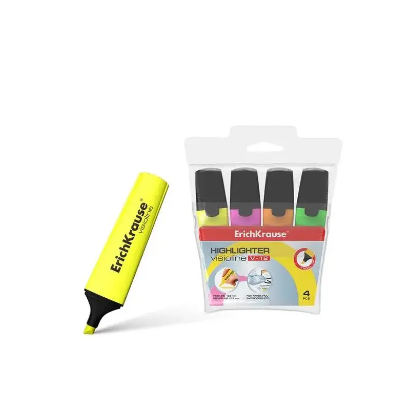 Erichkrause Visioline V-12 Pack de 4 Marcadores Fluorescentes - Punta Biselada - Tinta a Base de Agua - Colores Naranja, Rosa, V