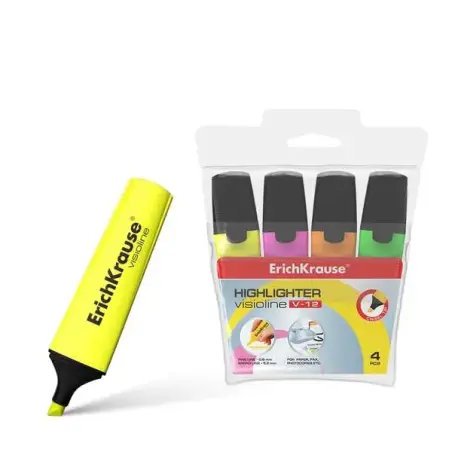 Erichkrause Visioline V-12 Pack de 4 Marcadores Fluorescentes - Punta Biselada - Tinta a Base de Agua - Colores Naranja, Rosa, V