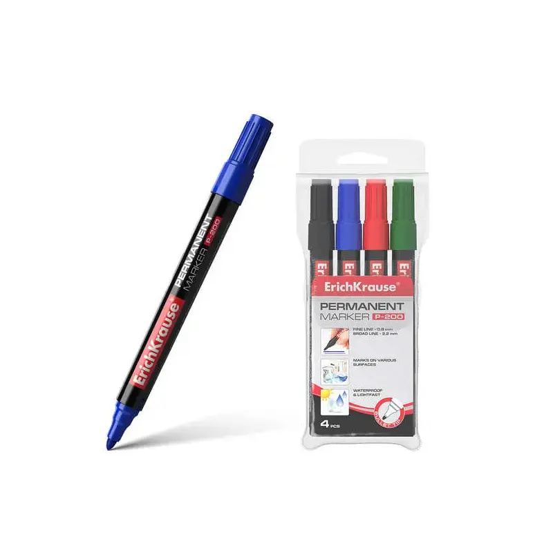 Erichkrause Pack de 4 Marcadores Permanente P-200 - Punta en Forma de Bala - Resistente al Daño y La Abrasion - Ancho de Escritu