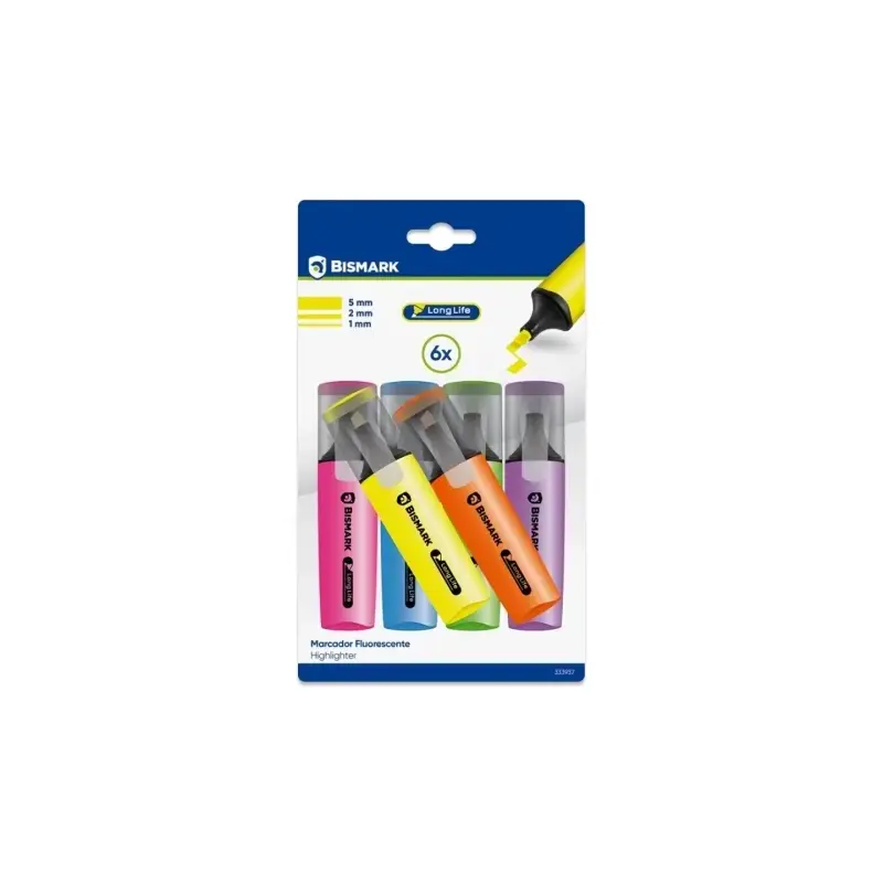 Bismark Long-Life Pack de 6 Marcadores Fluorescentes Neon - Tinta de Secado Rapido - Punta Biselada - Ideal para Subrayar y Resa
