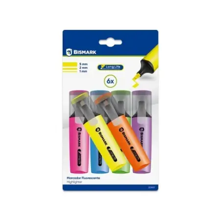 Bismark Long-Life Pack de 6 Marcadores Fluorescentes Neon - Tinta de Secado Rapido - Punta Biselada - Ideal para Subrayar y Resa