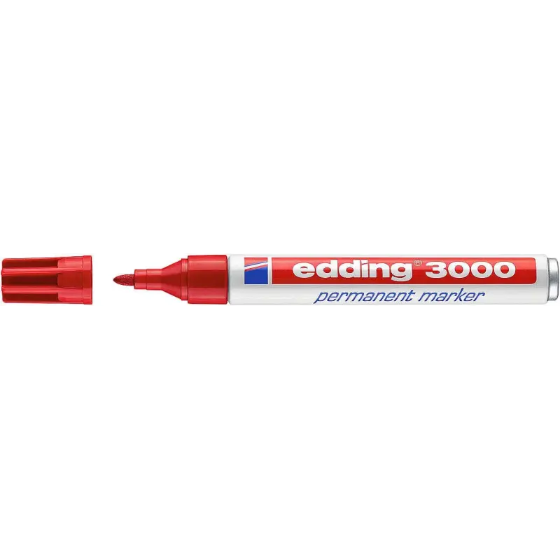 Edding 3000 Rotulador Permanente - Punta Redonda de 1.5mm - Trazo entre 1.5 y 3mm - Recargable - Secado Rapido - Color Rojo | Ah