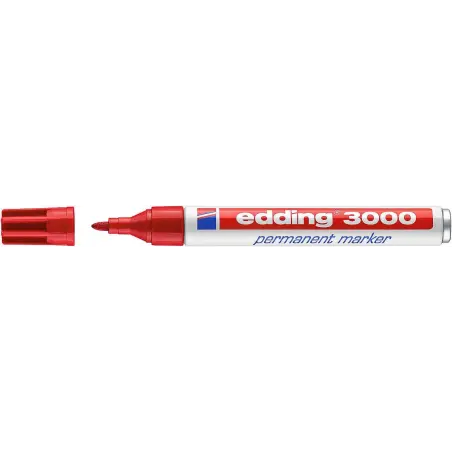 Edding 3000 Rotulador Permanente - Punta Redonda de 1.5mm - Trazo entre 1.5 y 3mm - Recargable - Secado Rapido - Color Rojo | Ah