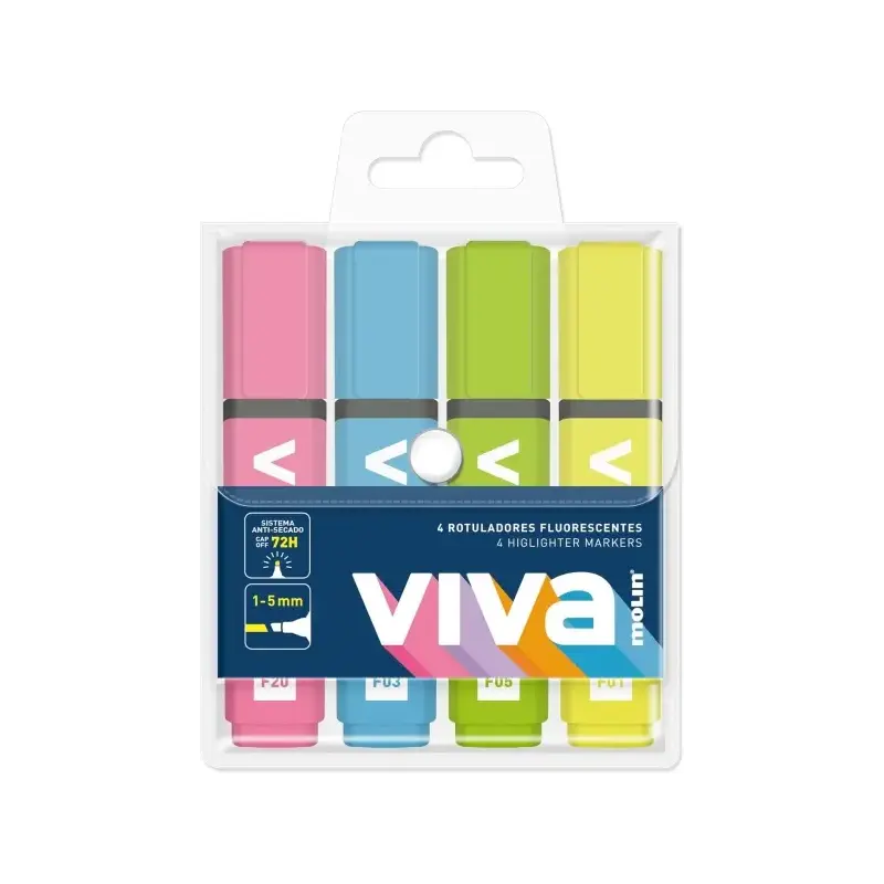 Molin Viva Pack de 4 Marcadores Fluorescentes - Trazo entre 1 y 5mm - Tinta con Base de Agua - Colores Surtidos | Ahorro Imprimi