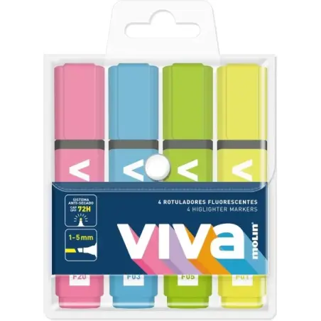 Molin Viva Pack de 4 Marcadores Fluorescentes - Trazo entre 1 y 5mm - Tinta con Base de Agua - Colores Surtidos | Ahorro Imprimi