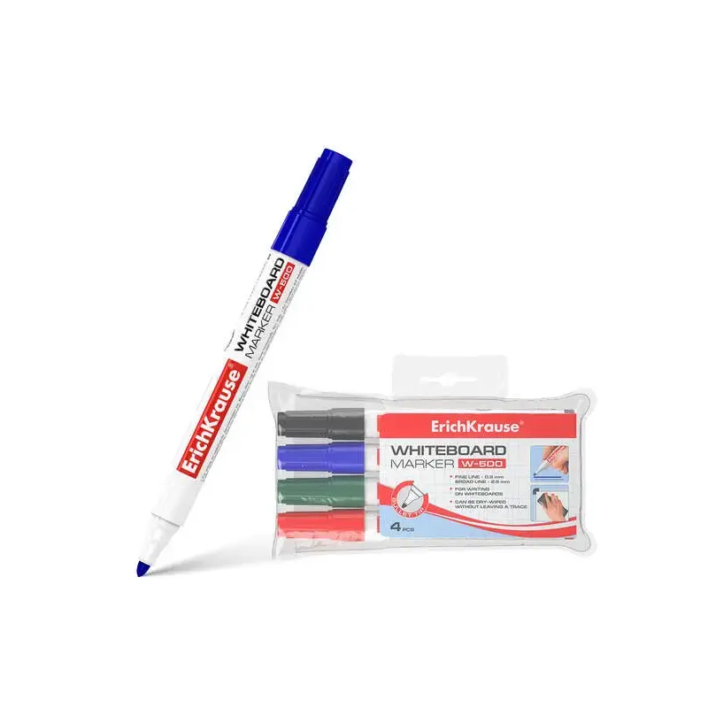 Erichkrause W-500 Pack de 4 Rotuladores para Pizarra Blanca - Punta en Forma de Bala - Trazo de 0.8 a 2.5mm - Tinta a Base de Al