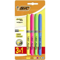 Bic Highlighter Grip Pack de 4 Marcadores Fluorescentes - Tinta con Base de Agua - Punta Biselada - Trazo entre 1.60 y 3.30mm -